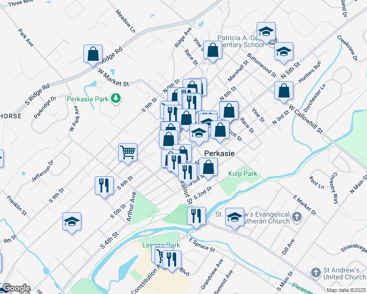 map of restaurants, bars, coffee shops, grocery stores, and more near 116 South 5th Street in Perkasie