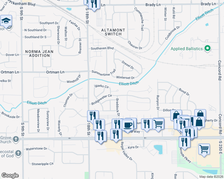 map of restaurants, bars, coffee shops, grocery stores, and more near 2015 Starks Cir in Lafayette