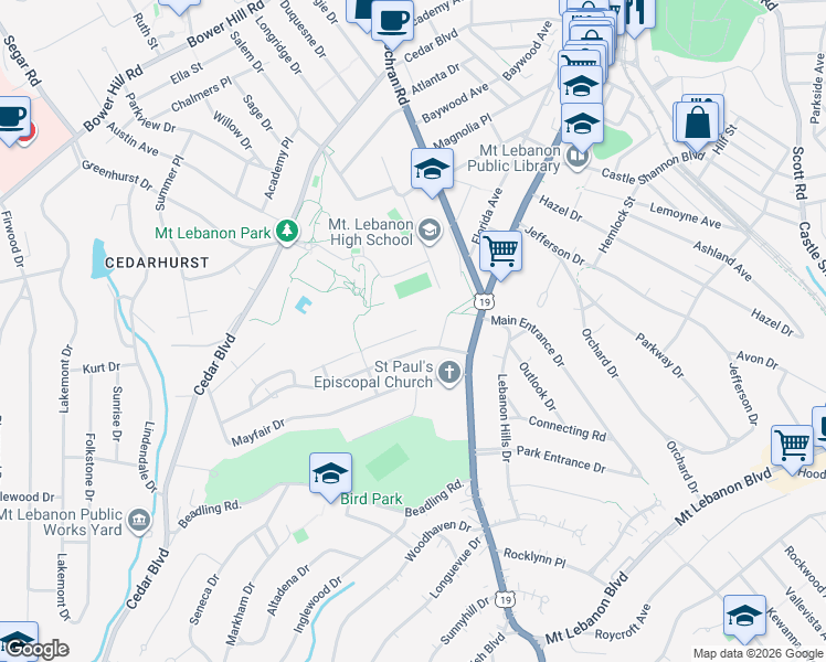 map of restaurants, bars, coffee shops, grocery stores, and more near 2 Parkridge Lane in Mount Lebanon
