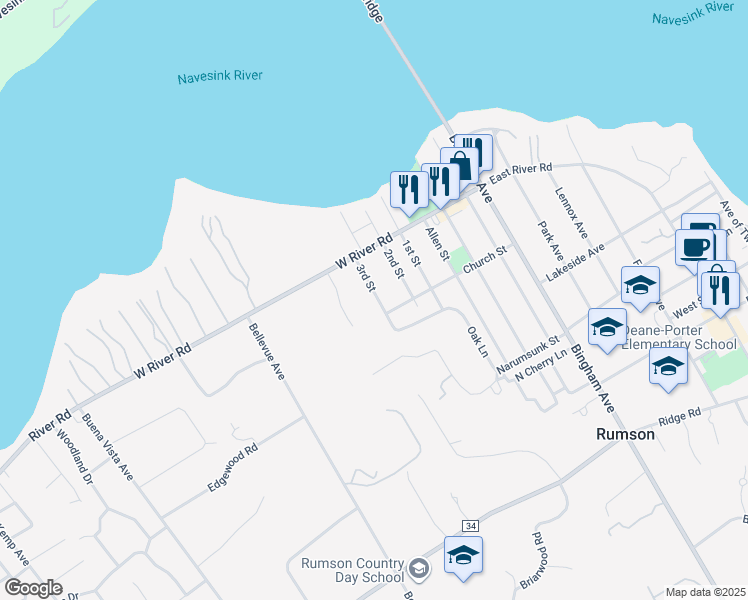 map of restaurants, bars, coffee shops, grocery stores, and more near 14 3rd Street in Rumson
