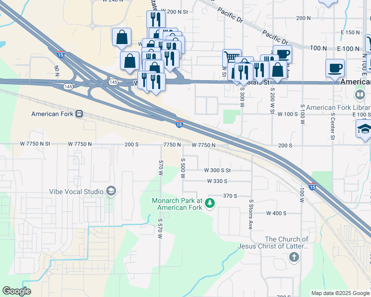 map of restaurants, bars, coffee shops, grocery stores, and more near 207 South 500 West in American Fork