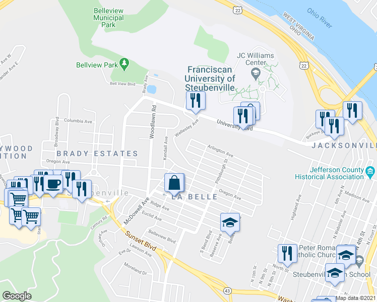 map of restaurants, bars, coffee shops, grocery stores, and more near 1429 Oak Grove Avenue in Steubenville