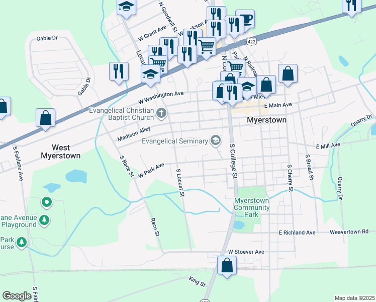 map of restaurants, bars, coffee shops, grocery stores, and more near 218 W Bahney Ave in Myerstown
