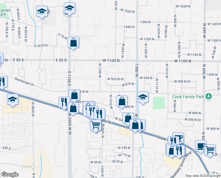 map of restaurants, bars, coffee shops, grocery stores, and more near 819 North 1570 West in Pleasant Grove