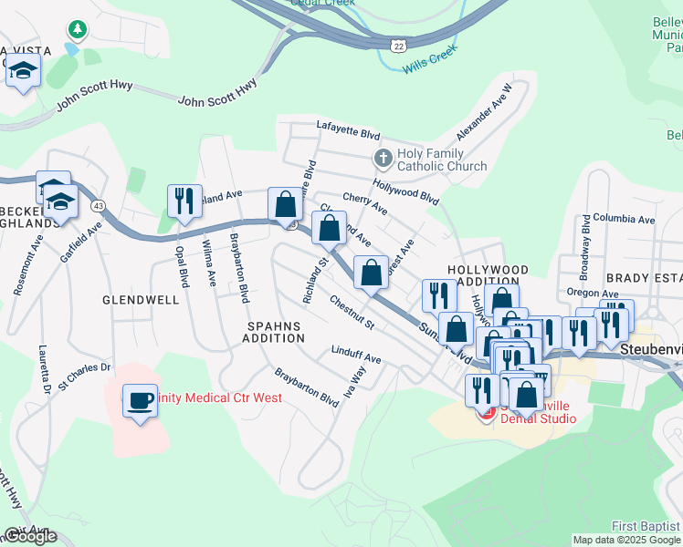 map of restaurants, bars, coffee shops, grocery stores, and more near 2516 Sunset Boulevard in Steubenville