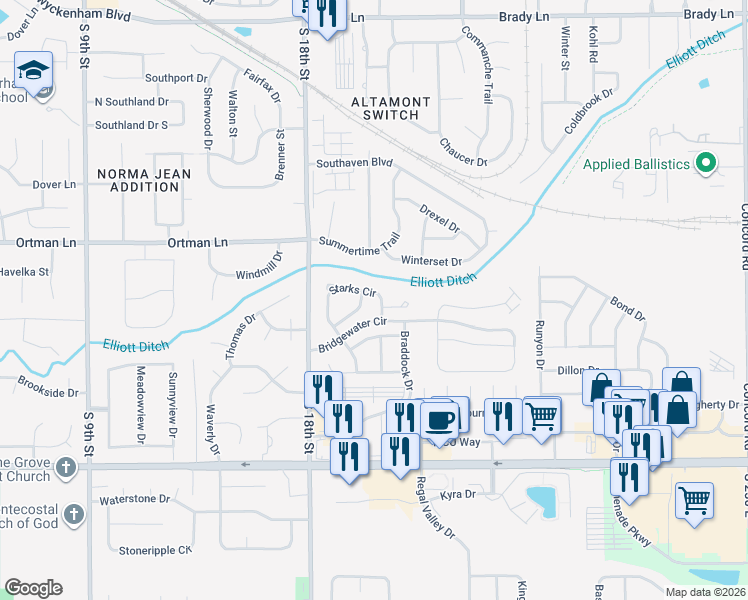 map of restaurants, bars, coffee shops, grocery stores, and more near 2015 Starks Circle in Lafayette