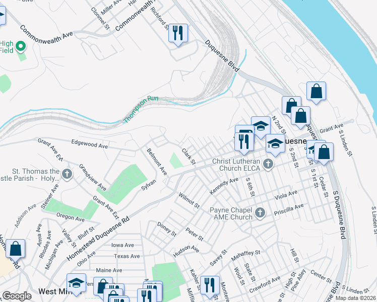 map of restaurants, bars, coffee shops, grocery stores, and more near 1015 Hero Street in Duquesne