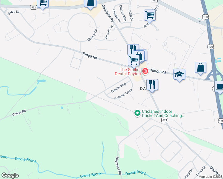 map of restaurants, bars, coffee shops, grocery stores, and more near 22 Trestle Way in South Brunswick Township