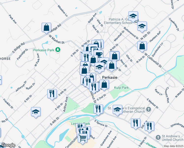map of restaurants, bars, coffee shops, grocery stores, and more near 110 South 5th Street in Perkasie