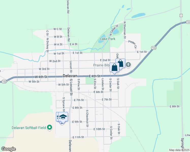 map of restaurants, bars, coffee shops, grocery stores, and more near Elm Street in Delavan