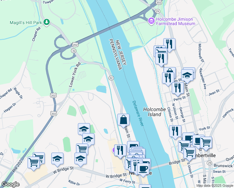 map of restaurants, bars, coffee shops, grocery stores, and more near 263 N Main St in New Hope