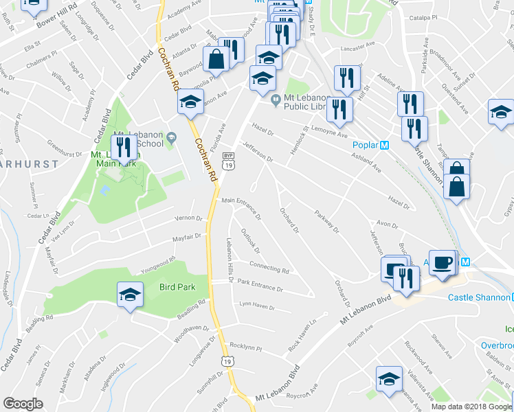 map of restaurants, bars, coffee shops, grocery stores, and more near 155 Main Entrance Drive in Pittsburgh
