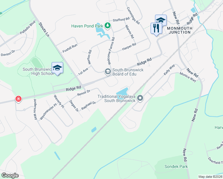 map of restaurants, bars, coffee shops, grocery stores, and more near 7 Gramercy Road in South Brunswick Township