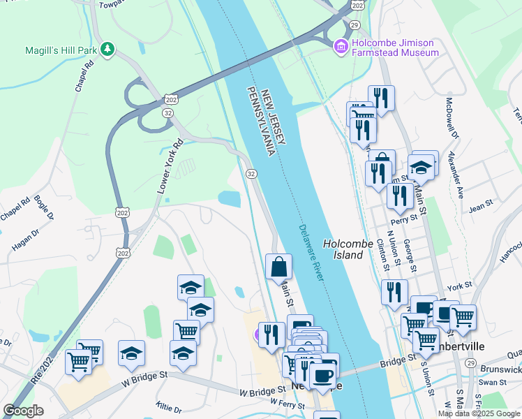 map of restaurants, bars, coffee shops, grocery stores, and more near 263 North Main Street in New Hope