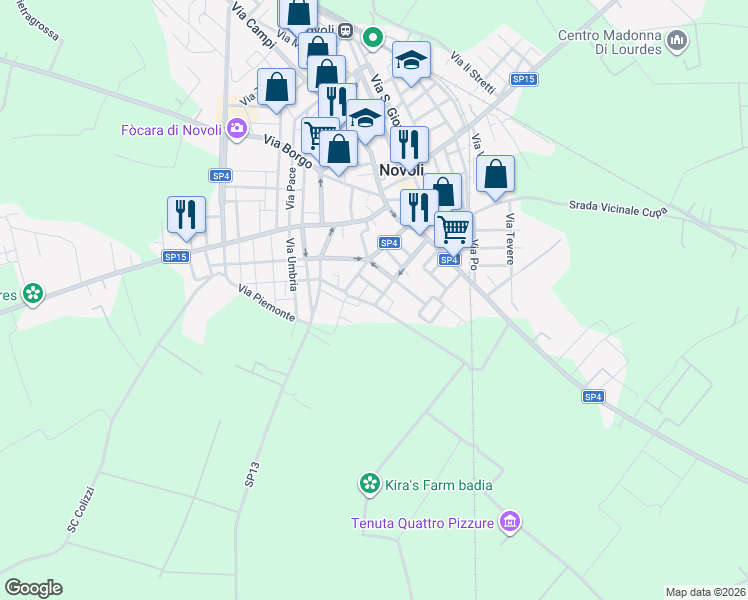 map of restaurants, bars, coffee shops, grocery stores, and more near 29 Via Luigi Madaro in Novoli