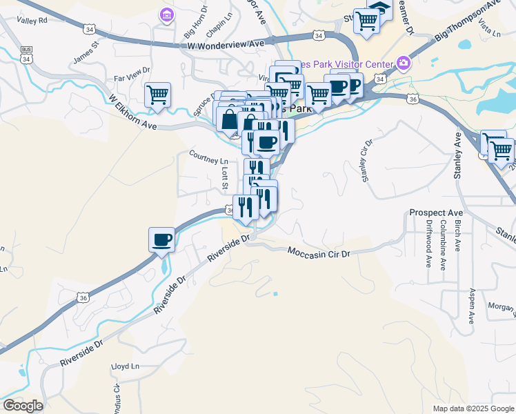 map of restaurants, bars, coffee shops, grocery stores, and more near 337 West Riverside Drive in Estes Park
