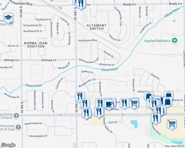 map of restaurants, bars, coffee shops, grocery stores, and more near 2015 Starks Circle in Lafayette