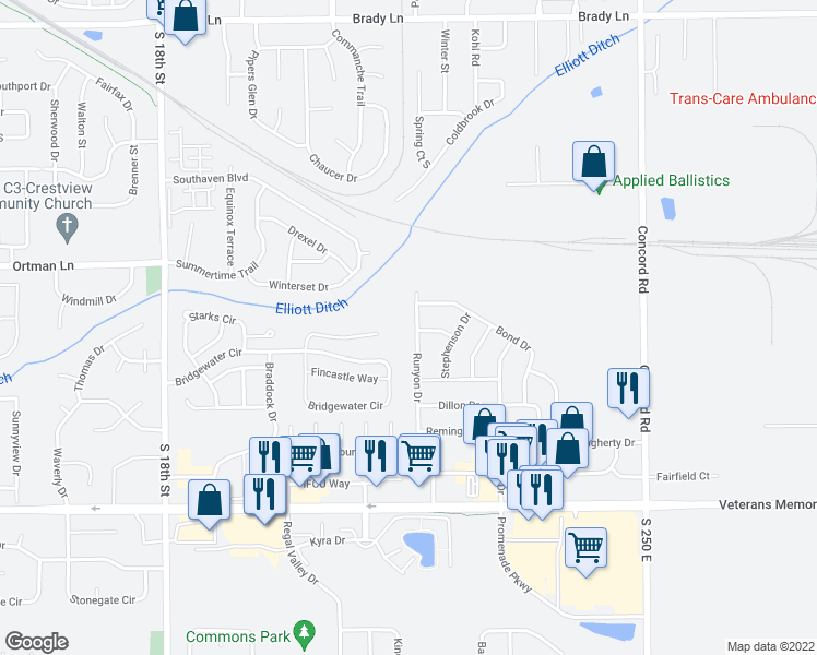 map of restaurants, bars, coffee shops, grocery stores, and more near 3122 Runyon Dr in Lafayette