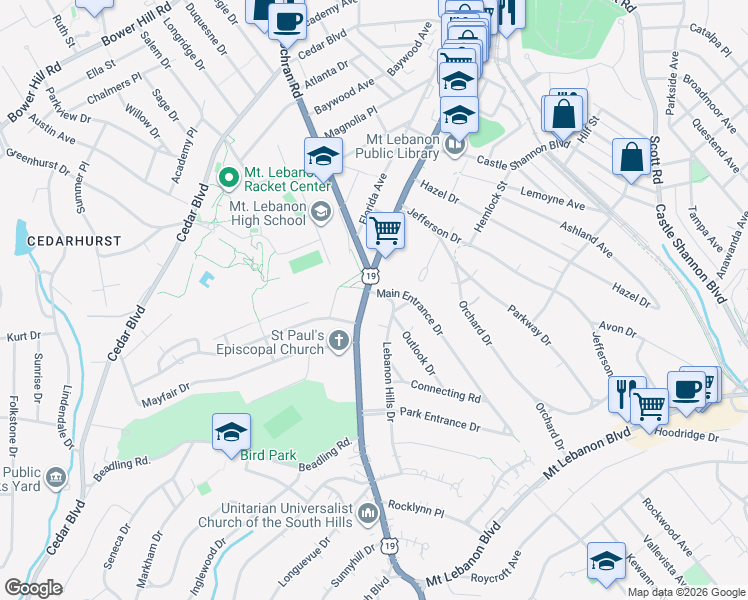 map of restaurants, bars, coffee shops, grocery stores, and more near 1009 Washington Road in Pittsburgh