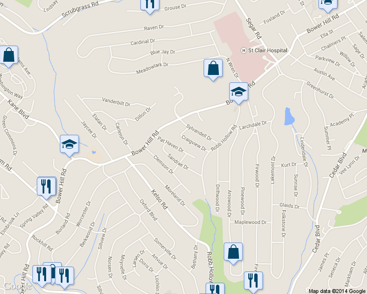 map of restaurants, bars, coffee shops, grocery stores, and more near 549 Pat Haven Drive in Pittsburgh