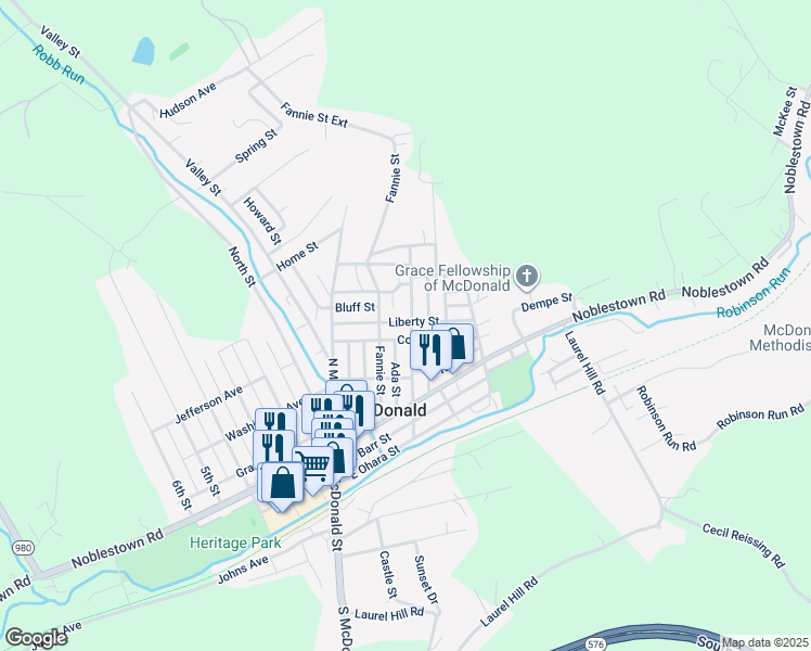 map of restaurants, bars, coffee shops, grocery stores, and more near 311 Center Avenue in McDonald