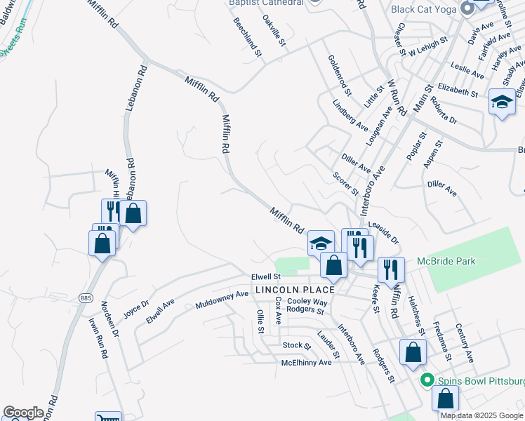 map of restaurants, bars, coffee shops, grocery stores, and more near 1126 Mifflin Rd in Pittsburgh