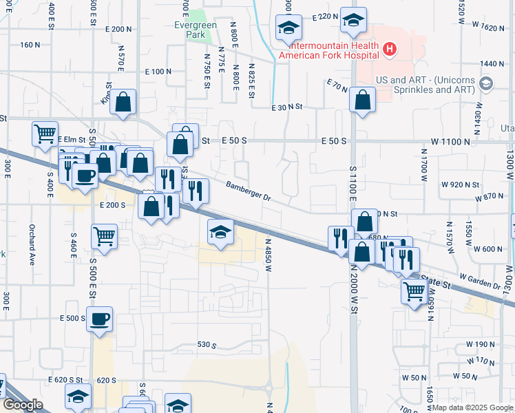 map of restaurants, bars, coffee shops, grocery stores, and more near 814 Bamberger Drive in American Fork