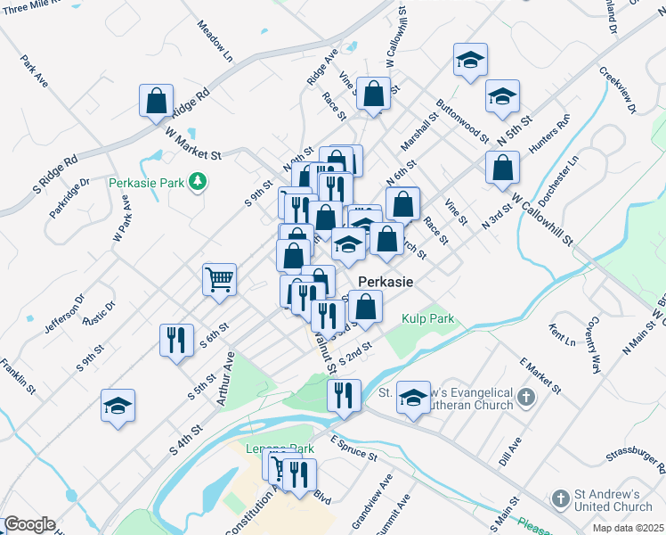 map of restaurants, bars, coffee shops, grocery stores, and more near 104 South 5th Street in Perkasie