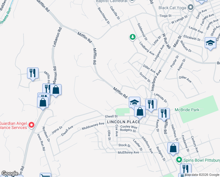 map of restaurants, bars, coffee shops, grocery stores, and more near 1126 Mifflin Road in Pittsburgh