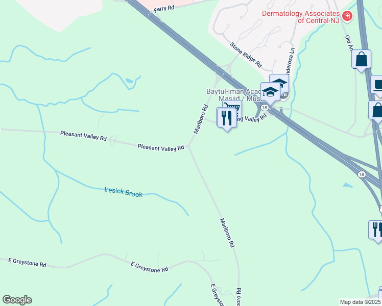map of restaurants, bars, coffee shops, grocery stores, and more near 1023 Marlboro Road in Old Bridge Township
