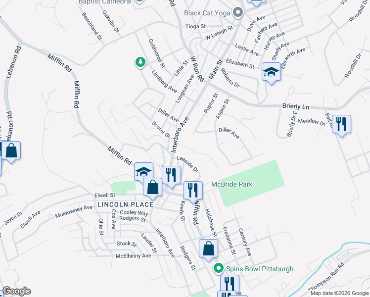 map of restaurants, bars, coffee shops, grocery stores, and more near 100 Parkside Drive in West Mifflin
