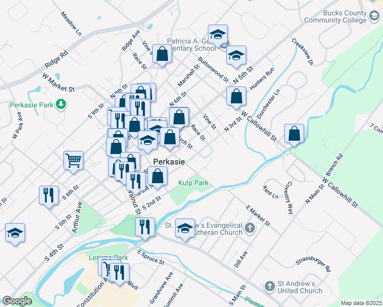 map of restaurants, bars, coffee shops, grocery stores, and more near 304 Arch Street in Perkasie