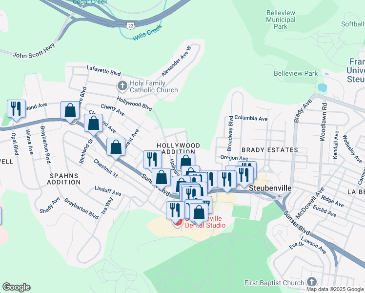 map of restaurants, bars, coffee shops, grocery stores, and more near 250 Harvard Boulevard in Steubenville