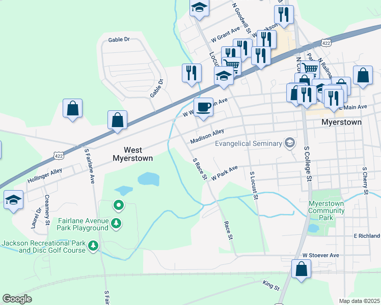 map of restaurants, bars, coffee shops, grocery stores, and more near 108 South Race Street in Myerstown