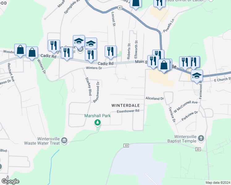 map of restaurants, bars, coffee shops, grocery stores, and more near in Wintersville