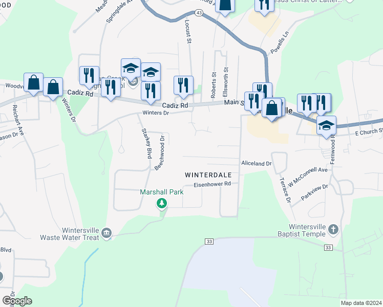 map of restaurants, bars, coffee shops, grocery stores, and more near East Steubenville Street in Bloomingdale