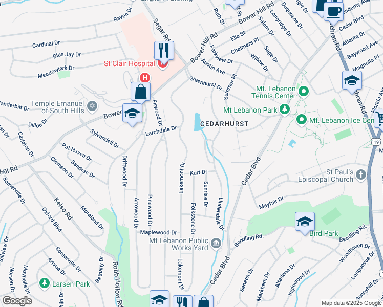 map of restaurants, bars, coffee shops, grocery stores, and more near 1117 Lakemont Drive in Pittsburgh