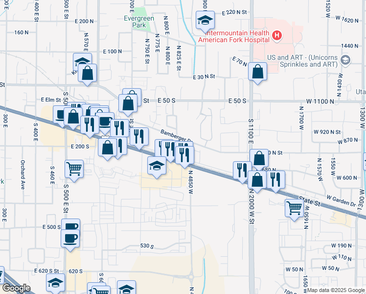 map of restaurants, bars, coffee shops, grocery stores, and more near 814 Bamberger Drive in American Fork
