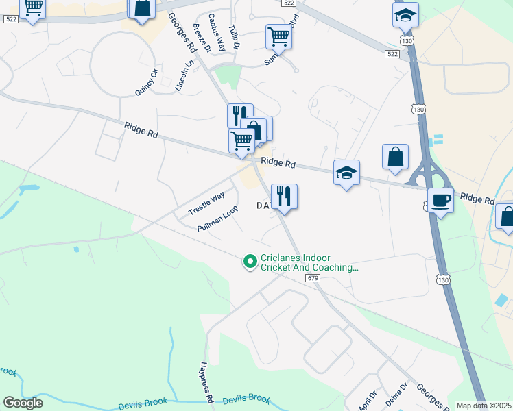 map of restaurants, bars, coffee shops, grocery stores, and more near 343 Georges Road in South Brunswick Township