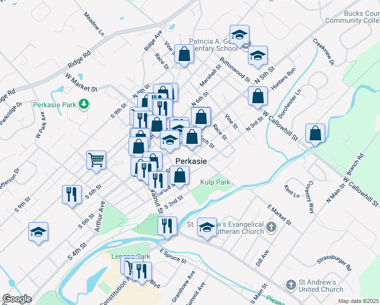 map of restaurants, bars, coffee shops, grocery stores, and more near in Perkasie