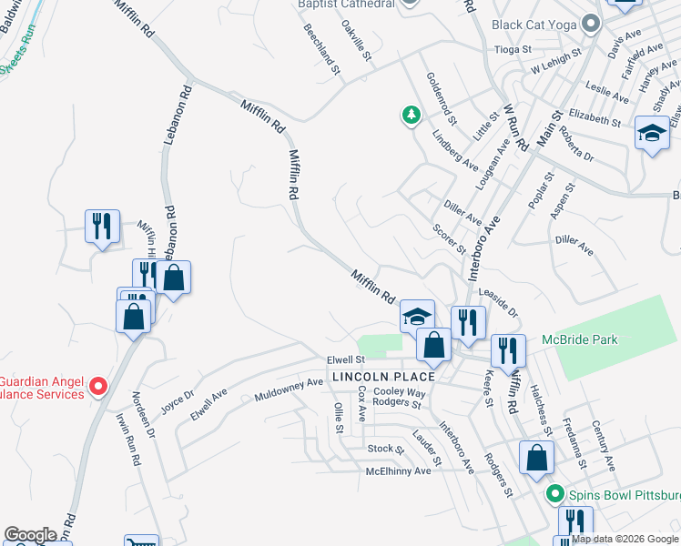 map of restaurants, bars, coffee shops, grocery stores, and more near 1126 Mifflin Road in Pittsburgh