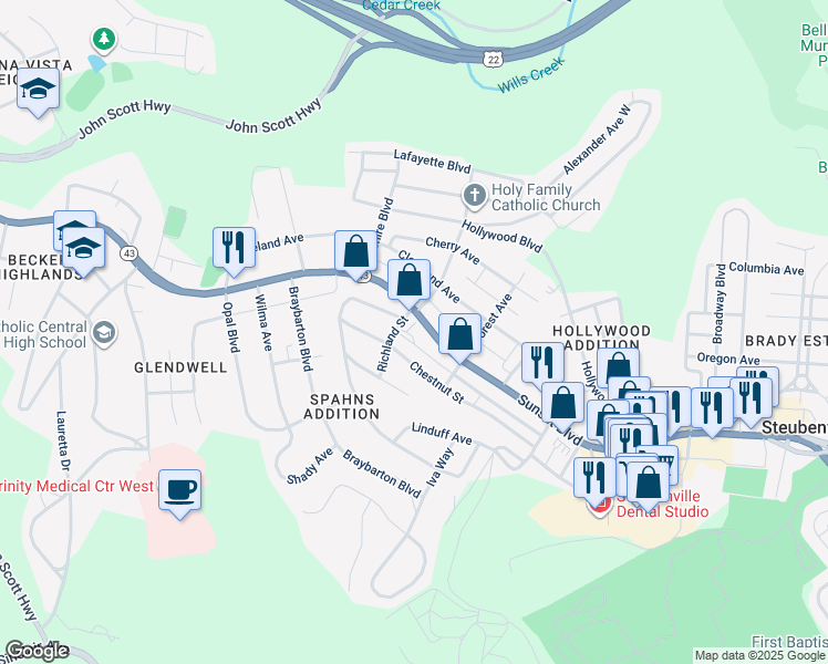 map of restaurants, bars, coffee shops, grocery stores, and more near 2516 Sunset Boulevard in Steubenville