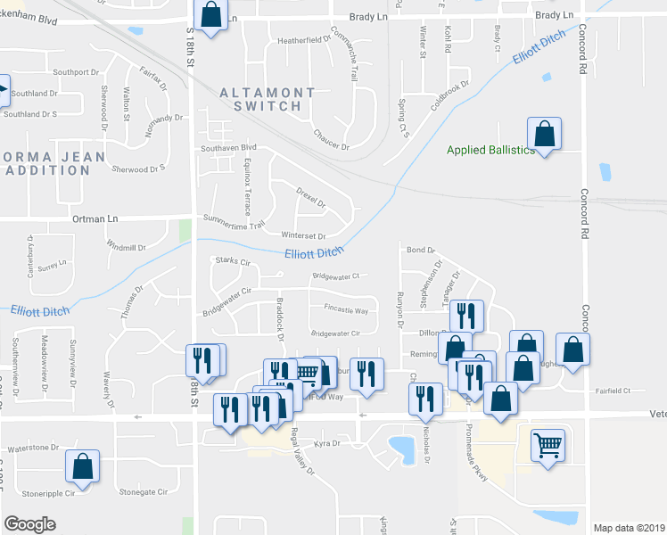 map of restaurants, bars, coffee shops, grocery stores, and more near 40 Bridgewater Court in Lafayette