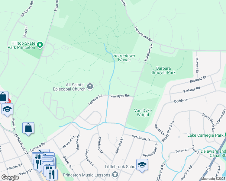 map of restaurants, bars, coffee shops, grocery stores, and more near 63 Van Dyke Road in Princeton