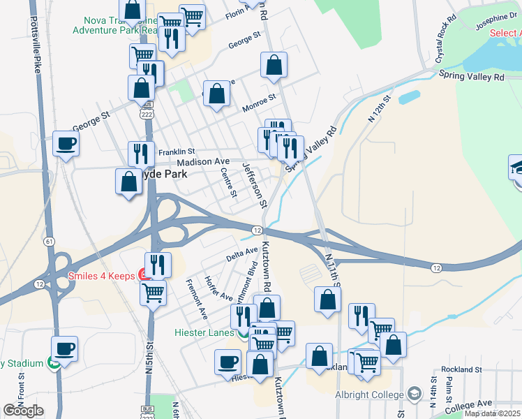 map of restaurants, bars, coffee shops, grocery stores, and more near 2424 Kutztown Road in Reading