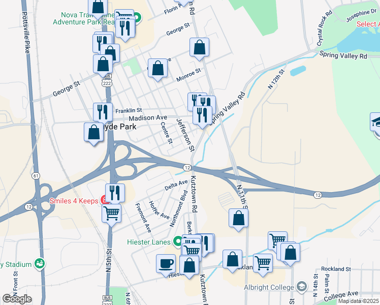 map of restaurants, bars, coffee shops, grocery stores, and more near 2424 Kutztown Road in Reading