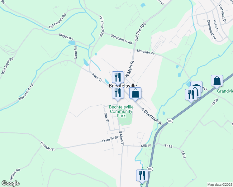 map of restaurants, bars, coffee shops, grocery stores, and more near 1778 South Main Street in Bechtelsville