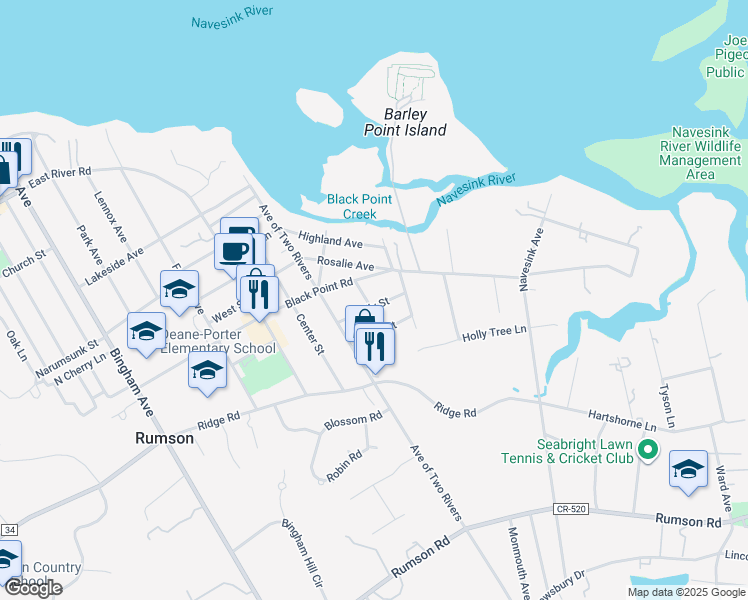 map of restaurants, bars, coffee shops, grocery stores, and more near 17 Holly Street in Rumson
