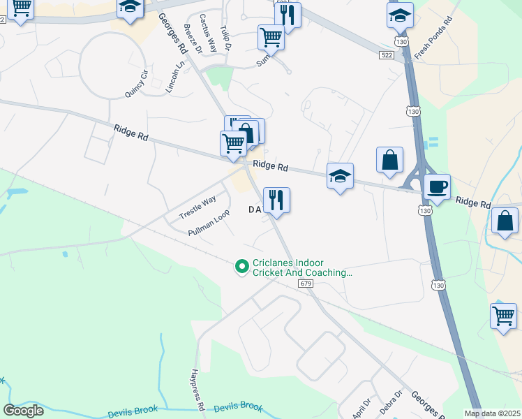 map of restaurants, bars, coffee shops, grocery stores, and more near 343 Georges Road in South Brunswick Township