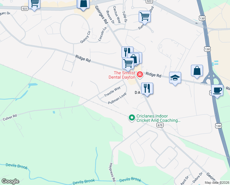 map of restaurants, bars, coffee shops, grocery stores, and more near 11 Trestle Way in South Brunswick Township